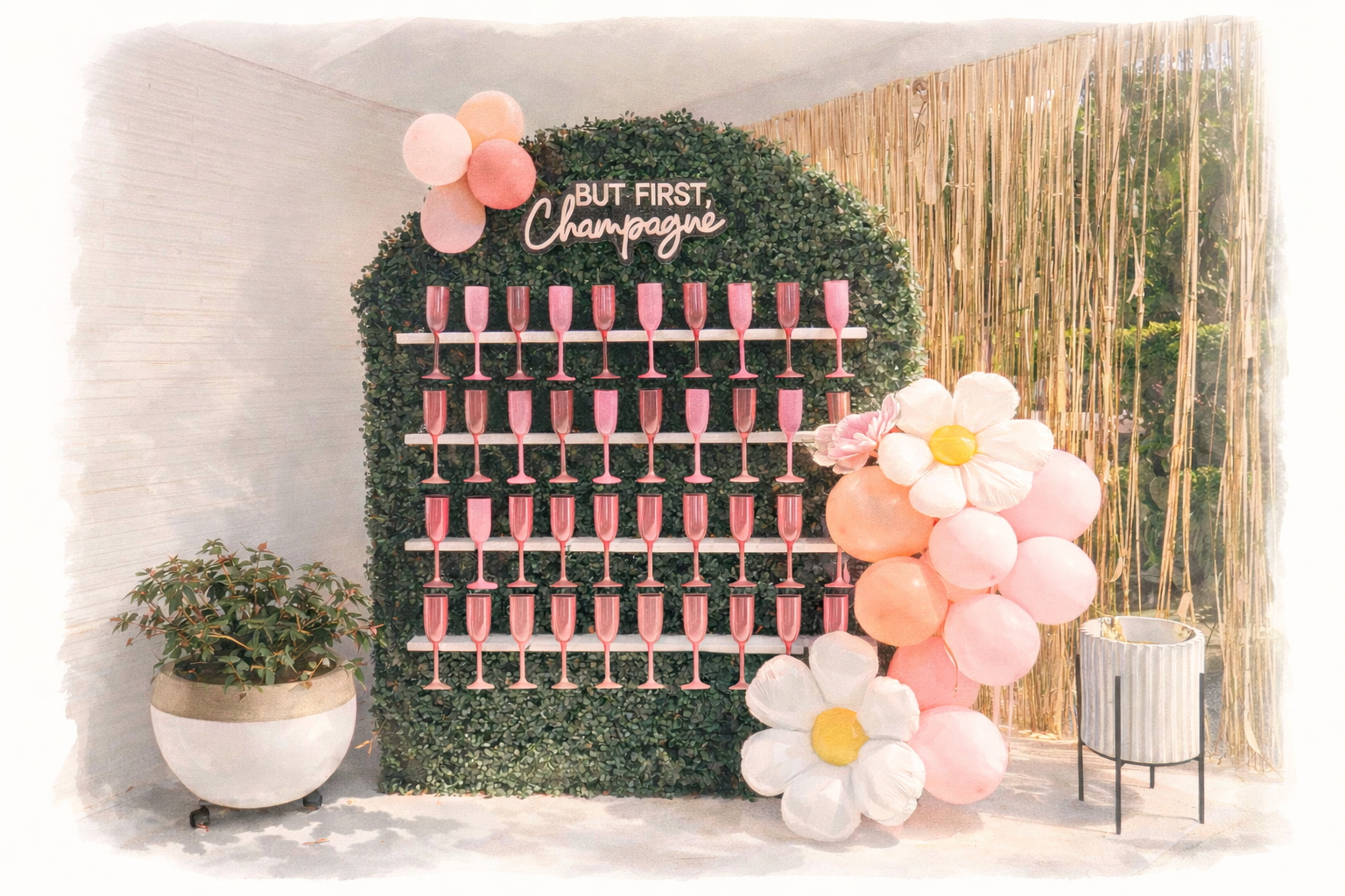 Wooden lattice champagne wall with rows of filled flutes and floral accents